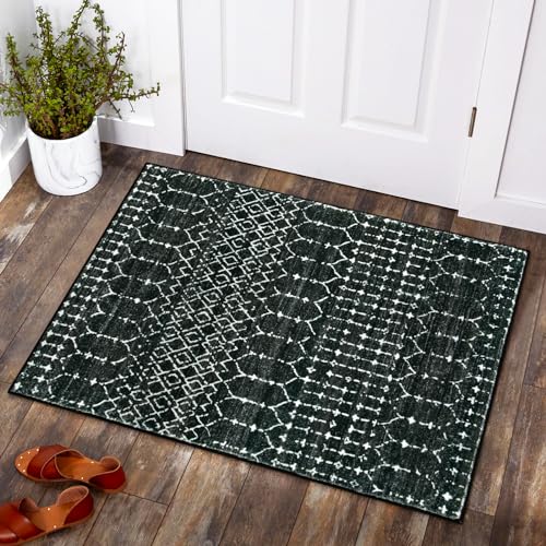 Lahome Moroccan Entry Rug 2x3, Non-Slip Washable Front Indoor Door Mat Rubber Backing Low-Profile Door Rugs, Small Geometric Print Distressed for Entryway Bathroom Kitchen, Black Hana - color: Black, size: 2' x 3' (Rectangular)