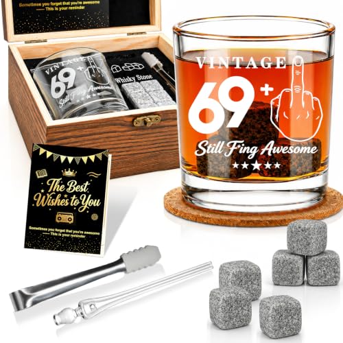 70th Birthday Gifts for Men, Funny Whiskey Glass Set with Vintage Wood Box | Includes Whiskey Stones, Tongs, Pipette &Greeting Card, 70 Year Old Birthday Party Supplies for Dad, Grandpa Who Loves Scotch - style: 70th Mens Gifts