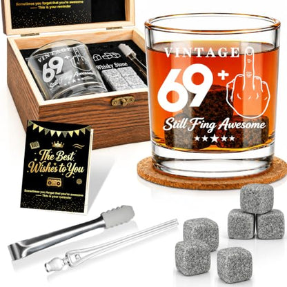 70th Birthday Gifts for Men, Funny Whiskey Glass Set with Vintage Wood Box | Includes Whiskey Stones, Tongs, Pipette &Greeting Card, 70 Year Old Birthday Party Supplies for Dad, Grandpa Who Loves Scotch - style: 70th Mens Gifts