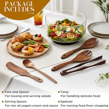 FoldTier Large Glass Salad Bowl Set, Party Salad Bowl with Acacia Wood Base and Lid as Cheese Charcuterie Board and Plate, Comes with 5 Pieces Elegant Wood Serving Utensils