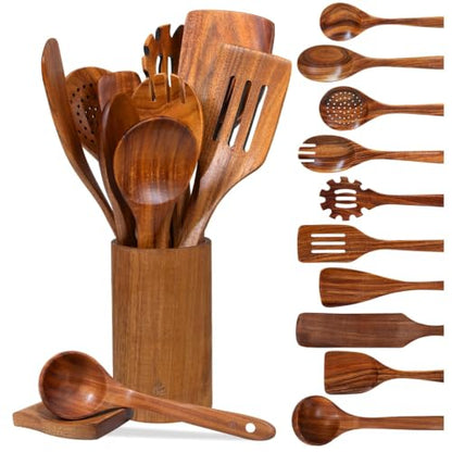 12 Pcs Teak Wooden Utensils Set, Wooden Spoons for Cooking | Non-Toxic & Nonstick Safe Kitchen Utensil, Durable Comfort Grip, Heat Resistant Wood Cookware with Holder and Spoon Rest - size: 12 Pieces Set