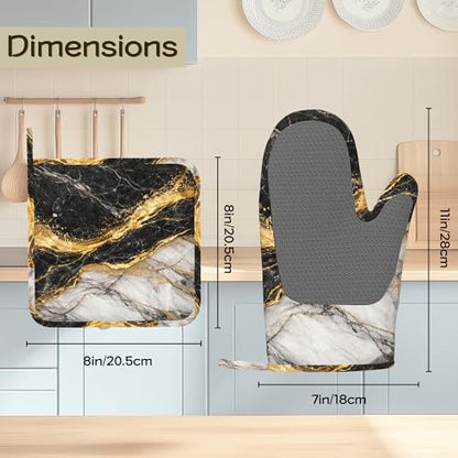 Black White Gold Flowing Marble Oven Mitts and Pot Holders Sets Silicone Kitchen Mitts Potholders Heat Resistant 4Pcs Oven Gloves Hot Pads for Kitchen Baking Cooking - color: Black White Gold Flowing Marble