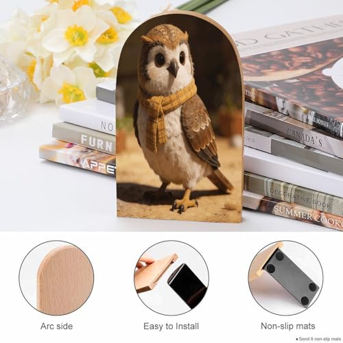 Checked Little Warm Owl Book Ends for Shelves Decorative Wooden Bookends Heavy Duty Non-Skid Book Stopper Modern Book Holder Cute Book Organizer for Home Office Library Desk Decor
