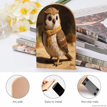 Checked Little Warm Owl Book Ends for Shelves Decorative Wooden Bookends Heavy Duty Non-Skid Book Stopper Modern Book Holder Cute Book Organizer for Home Office Library Desk Decor