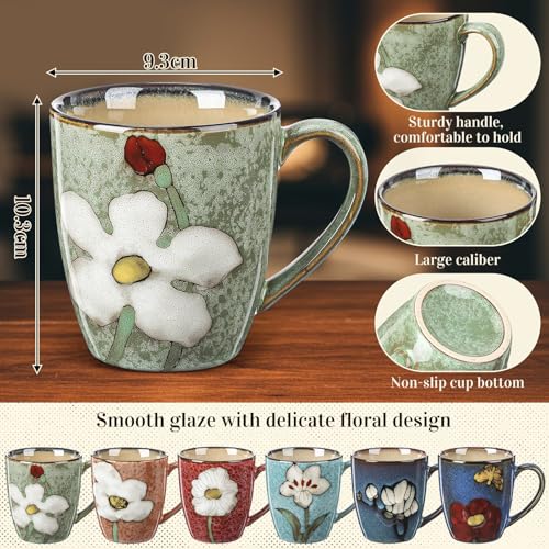 Maxdot 12oz Ceramic Coffee Mugs, Glazing Process Coffee Cup,6 Pcs,Retro - style: Retro