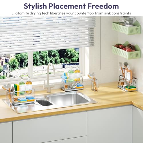 SWTYMIKI Kitchen Sink Caddy Organizer, 2 Tier Sponge Holder for Kitchen Sink with Instant Drying Stone, Removable Brush Holder for Fast Drying on Countertop, Silver - color: Silver-2 Tier