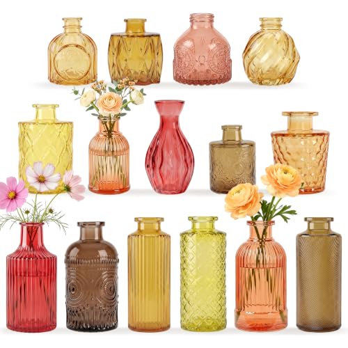 15 Pcs Amber Glass Bud Vases Bulk, Vintage Small Flower Vase Set with Relief Designs, Aesthetic Mini Decorative Vases for Wedding Table Centerpieces, Boho Fall Decor, Home Decor - color: Amber Series, size: 15Pcs