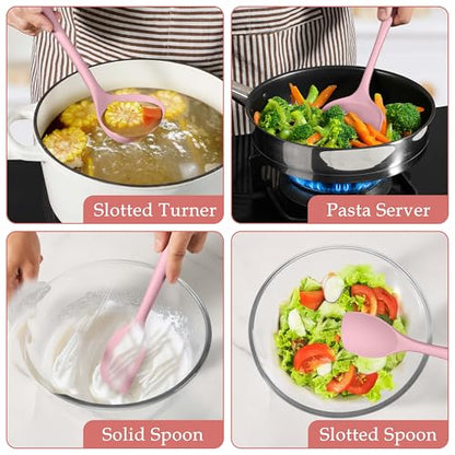 LIANYU Pink Silicone Cooking Utensils Set of 8, Non-Toxic Kitchen Utensils | Include Spatulas Spoons, Heat Resistant Non-Scratch Kitchen Tool, Healthy & Dishwasher Safe - color: Pink