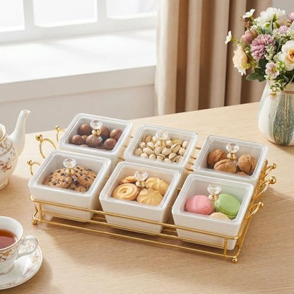 YA JU Ceramic Bowls and with Lid Gold Basket Trays, 6 Removable Small Bowls Condiment Trays Nut Serving Set for Snacks, Fruits, Candy and Condiments -Great for Parties, Holiday Gifts, White - color: White 6 Removable snack Bowls