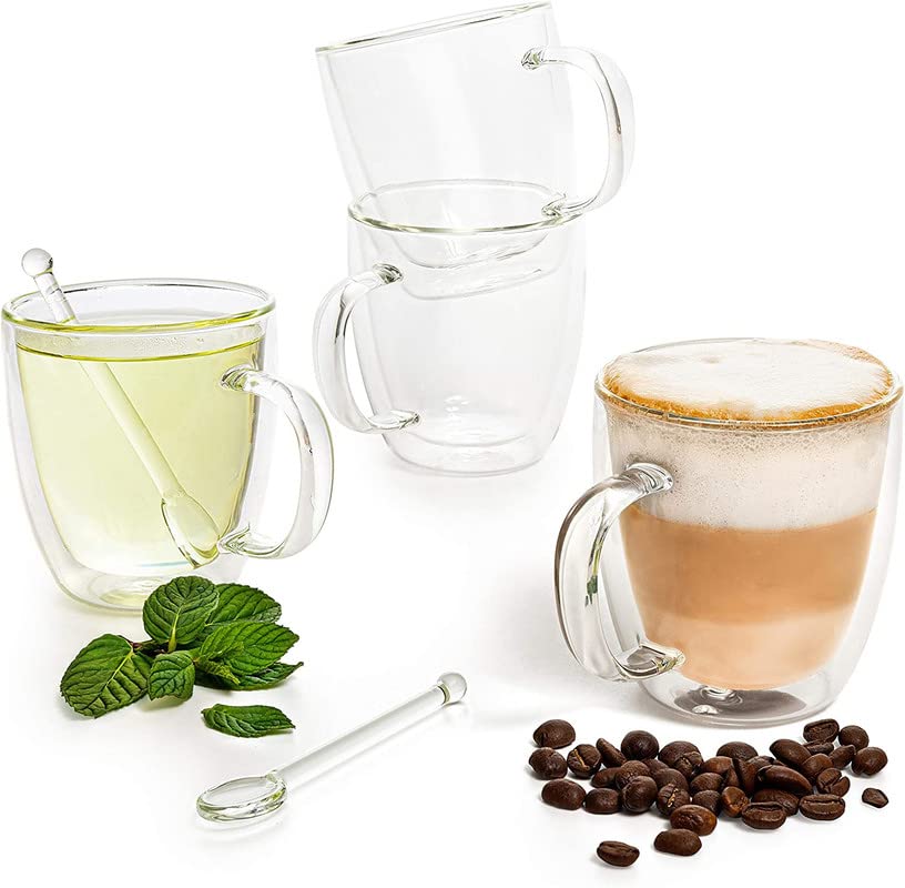 Moss & Stone Set of 4 Double Wall Glass Cup Clear Mug, Double Walled Coffee Mugs 7.4 Oz, Glass Tea Mugs, Insulated Coffee Mug With Handle & 2 Glass Spoons, Cappuccino Cups Set - style: 4 Cups with 2 Spoons