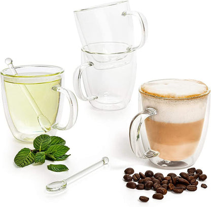 Moss & Stone Set of 4 Double Wall Glass Cup Clear Mug, Double Walled Coffee Mugs 7.4 Oz, Glass Tea Mugs, Insulated Coffee Mug With Handle & 2 Glass Spoons, Cappuccino Cups Set - style: 4 Cups with 2 Spoons