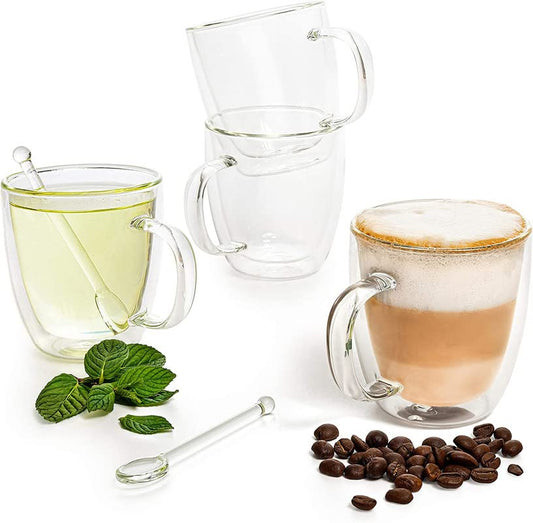 Moss & Stone Set of 4 Double Wall Glass Cup Clear Mug, Double Walled Coffee Mugs 7.4 Oz, Glass Tea Mugs, Insulated Coffee Mug With Handle & 2 Glass Spoons, Cappuccino Cups Set - style: 4 Cups with 2 Spoons