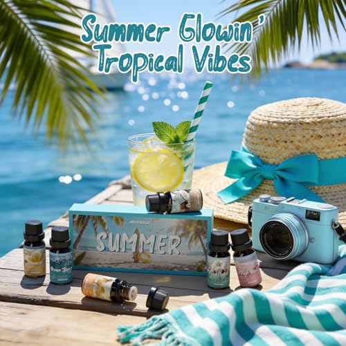 ARVIDSSON Summer Essential Oils Set, Tropical Fragrance Oil for Diffuser, Soap and Candle Making - Ocean Breeze, Pina Colada, Fresh Cotton, Pink Sand, Plumeria, Coconut, Scented Oil for Home - color: Light Blue