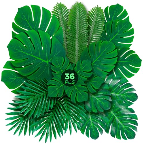 Palm Leaves Artificial Tropical Monstera 36Pack 6 Kinds Large Small Green Fake Palm Leaf with Stems - style: 36 Pack