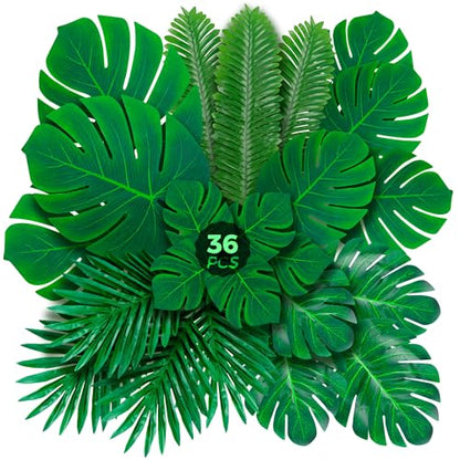 Palm Leaves Artificial Tropical Monstera 36Pack 6 Kinds Large Small Green Fake Palm Leaf with Stems - style: 36 Pack