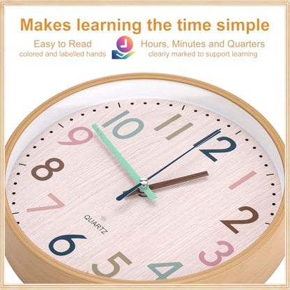 Qunclay Boho Classroom Wall Clock Colorful Fun 8 Inch Silent Non-Ticking Battery Operated Clock for Back to School Office Bedroom Living Room Playroom Nursery Kitchen Brown Bamboo Grain