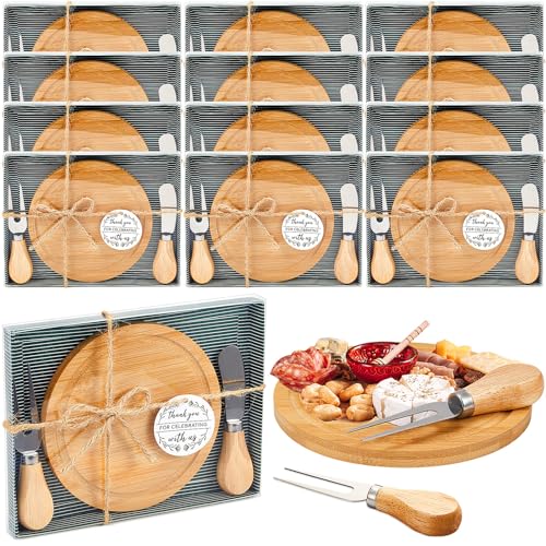 12 Sets Baby Shower Bridal Game Prizes for Winners Round Cheese Board Set Wood Mini Charcuterie Board with Knives and Forks Thank You Card with Gift Box for Guests Wedding (Bamboo) - color: Bamboo, size: Round