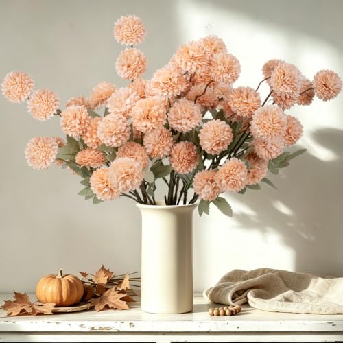 INQCMY Artificial Silk Mums 20" Faux Stem Kiku Flowers for Vase Home Decor | 12 Pcs Fake Chrysanthemums Orange Fall Flower, Realistic Pompon Balls for Indoor Living Room Thanksgiving Table Centerpieces - color: Light Orange