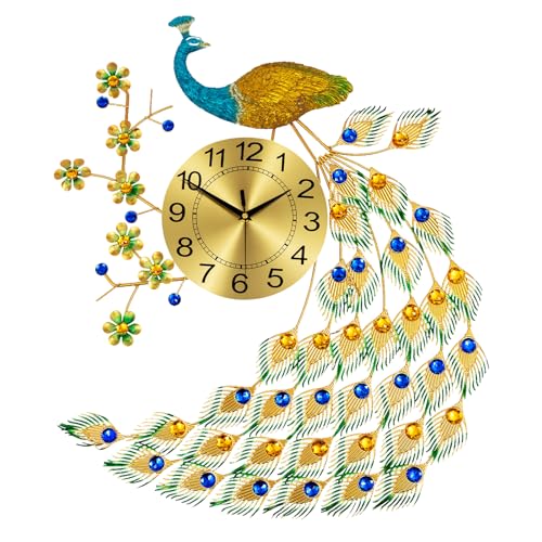 Large Peacock Wall Clock, 29.5" Luxury 3D Wall Clock Non-Ticking Silent Gold Metal Decorative Wall Clock Art Digital Wall Decor for Living Room Bedroom Office - size: 25.59*29.53in