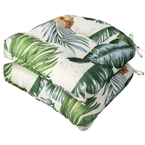 Gnostik 2 Pack Outdoor Wicker Chair Cushions Waterproof Rocking Chair Cushion Floral U Shaped Patio Replacement Cushions with Ties for Porch, Garden,18.6" x 18.6", Hawaiian - color: Tropical Leaf