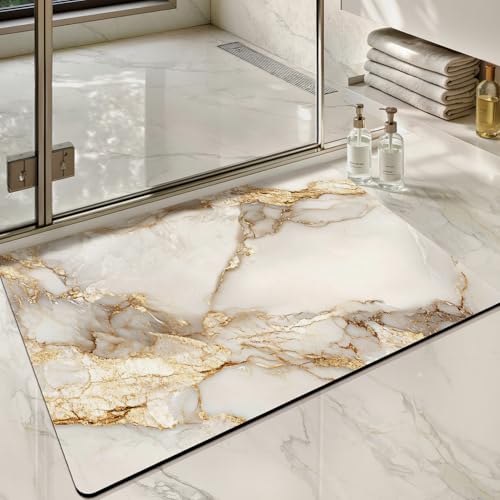 Color&Geometry Gold Marble Bathroom Rugs Non Slip,Absorbent Thin Bath Mat | Washable Bath mats for Bathroom,Small Bath Mat Quick Dry Low Pile Bathroom Rug for Bathtub and Shower Floor 24"x16" - color: Gold-veined White Marble, size: 16"x24"-Small