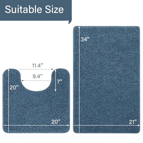 LOCHAS Bathroom Rugs Sets 2 Piece, 20''x20'' & 34''x21'', Denim Blue | Non Slip U-Shaped Toilet Rug, Chenille Washable Absorbent, Soft Bath Mat Set for Shower, Sink - color: Denim Blue