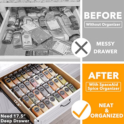 SpaceAid Spice Drawer Organizer with 32 Spice Jars, 386 Spice Labels, 4 Tier Seasoning Rack Tray Insert for Kitchen Drawers, 15" Wide x 17.5" Deep - size: 32 Jars, 15" Wide
