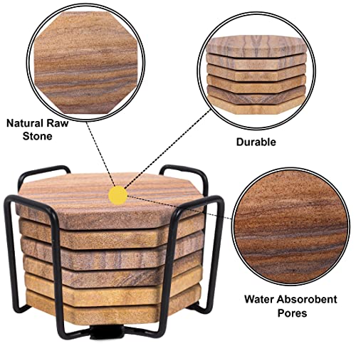 Sandstone Water Absorbent Hand Crafted Octagon Coasters for Drinks- Set of 6-4 inches Wide Thirsty Stone bar/Drink Coasters Made from Real Solid Stone (Without Holder, Set of 6) - style: Design 4