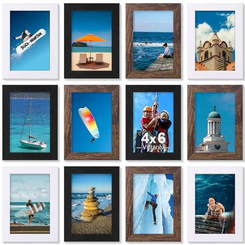 Vittanly 4x6 Picture Frames Set of 12, Wall & Tabletop, Black&Brown&White | Display Pictures 3.5x5 with Mat or 4x6 without Mat, Small Photo Frames, Engineered Wood with Shatter Resistant Plexiglass - color: Black&Brown&White, size: 4x6