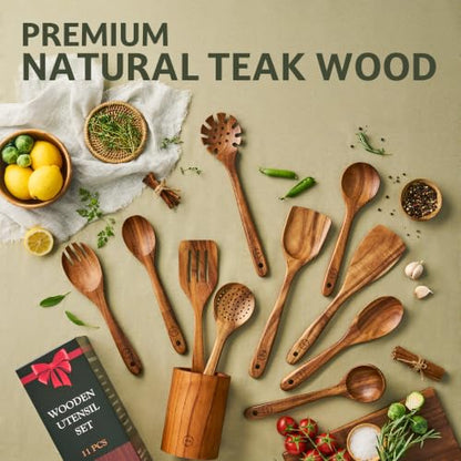 SOOMGYEOL SEOM 11-Piece Teak Wood Cooking Utensil Set with Holder | Natural Teak Wood, Uncoated, 10 Cooking Utensils & Holder, Nonstick Safe - size: 11 PCS Set