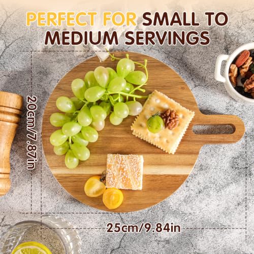 Mini Acacia Wood Round Cutting Board with Handle, Wooden Kitchen Prep Board, Small Chopping Board for Fruit Vegetables Meat Bread Multipurpose Pizza Cheese Serving Tray for Restaurant & Party