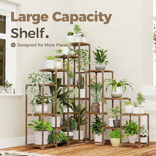 Bamworld Plant Shelf Indoor Large Plant Shelf Tall Flower Stands 16 Pots Outdoor Plant Rack for Garden Balcony Patio Window Living Room Corner Wood