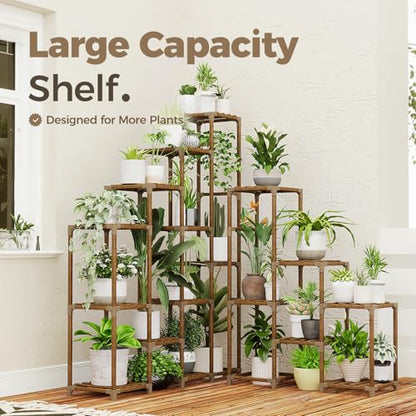 Bamworld Plant Shelf Indoor Large Plant Shelf Tall Flower Stands 16 Pots Outdoor Plant Rack for Garden Balcony Patio Window Living Room Corner Wood