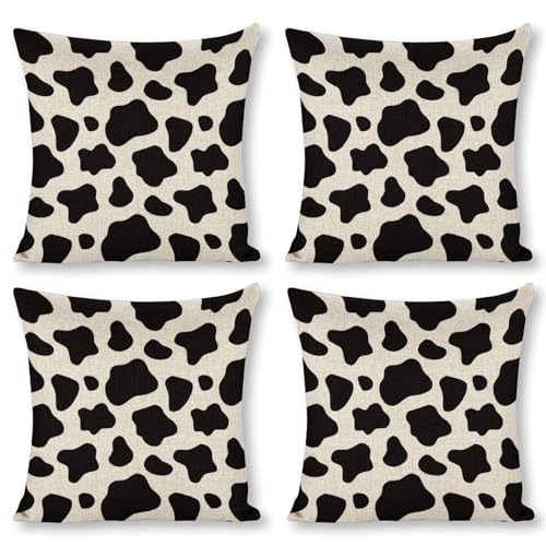 Cow Print Throw Pillow Covers Linen Pillow Cases 18x18 Inch Square Cushion Pillowscover Modern Farmhouse Decor Set of 4 for Sofa Bedroom Living Room Car - color: Cow Print, size: 18" x 18" (Pack of 4)