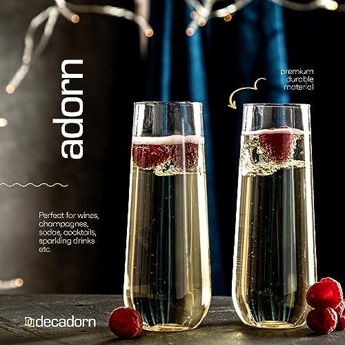 DECADORN Clear Stemless Champagne Flutes Plastic 24 Pack, Made in USA, 9oz Plastic Champagne Glasses - Durable and Sturdy Mimosa Glasses For Parties - Shatterproof, Recyclable, BPA-Free, Smooth Rims - size: 24 Pack