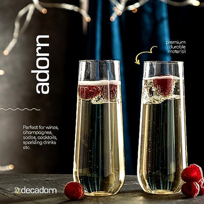 DECADORN Clear Stemless Champagne Flutes Plastic 24 Pack, Made in USA, 9oz Plastic Champagne Glasses - Durable and Sturdy Mimosa Glasses For Parties - Shatterproof, Recyclable, BPA-Free, Smooth Rims - size: 24 Pack