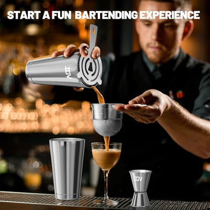 IOV Boston Cocktail Shaker Bar Set, Bartender Kit Drink Mixer Set with 18 oz & 28 oz Boston Shakers, Hawthorne Strainer, Double Jigger, Bar Tool Kit and Recipe Booklet - Silver - color: 3 Pcs - Silver
