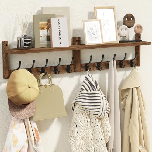 AMBIRD 34.2 inch Wooden Extra-Long Wall Hook Rack with Shelf - Versatile and Decorative Wall-Mounted Storage - 10 Hooks for Hanging Coats, Hats, Scarves - Ideal for Entryways, Bedrooms, Closets - size: 34.2 inch, style: Retro Brown