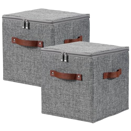 2PCS Storage Cubes with Lids Cotton Linen Fabric Bins Boxes | Decorative Foldable Washable Closet Shelf Organizer Clothes Container with PU Leather Handles, Zipper Lid, Gray, 11in - color: Gray ( Zipper Lid ), size: Set of 2 ( 11 in )