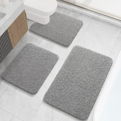 LOCHAS Bathroom Rugs Sets 3 Piece, Microfiber Bath Mat Set Non Slip, Grey | Washable Absorbent Toilet Rug, Shaggy Soft Cozy Quick Dry - color: Grey, size: 30" x 20" + 24" x 17" + U Shape 24" x 20"