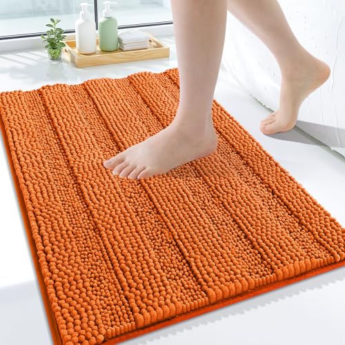 Grandaily Chenille Striped Bathroom Rugs 24x16, Extra Thick and Soft Absorbent Bath Mats, Rubber Backing, Plush Shaggy Shower Carpet, Machine Wash Dry, Bath Rug for Bathroom, Clay - color: Clay, size: 24" X 16"