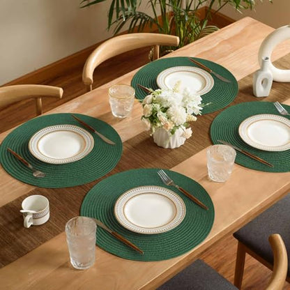 FunWheat Round Braided Placemats Set of 6 Place mats for Dining Tables Woven Heat Resistant Table Mats 15 inch (Dark Green) - color: Solid Dark Green, size: 6pcs