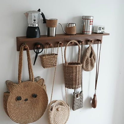 Wall Mounted Coat Rack with Shelf, Wooden Entryway Hooks, Teak Finish | Adjustable rail with movable wood hooks - color: Teak colored veneer