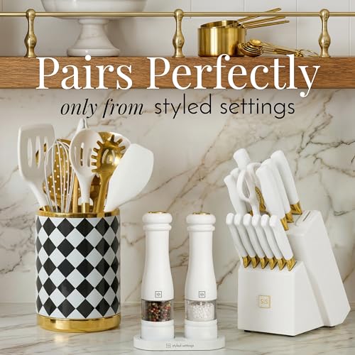Styled Settings Electric Salt and Pepper Grinder Set, White | Automatic White and Gold Electric Salt and Pepper Shakers with Wood Base, LED Light, Battery Operated, Adjustable Coarseness - color: White