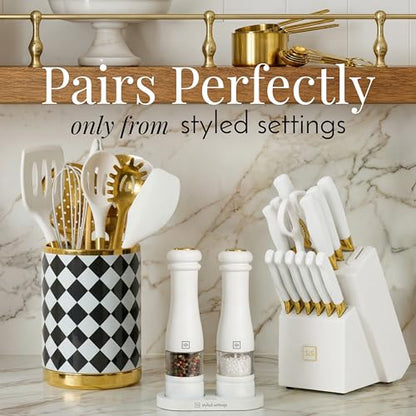 Styled Settings Electric Salt and Pepper Grinder Set, White | Automatic White and Gold Electric Salt and Pepper Shakers with Wood Base, LED Light, Battery Operated, Adjustable Coarseness - color: White