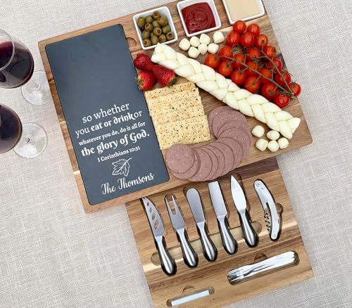 Custom Acacia Charcuterie Board with Slate & 19-Piece Knife Set – Personalized Cheese Board Wedding, Housewarming & Thanksgiving Gift - color: Design #28