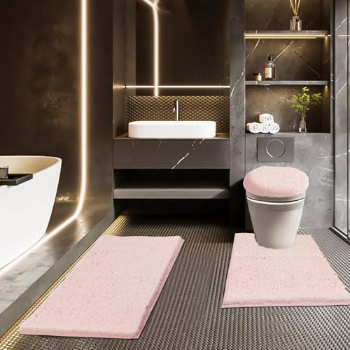 Bathroom Rugs Sets 3 Piece with Toilet Seat Cover 17.5"x 15" | Machine Washable Bath Rug Set with Tpr Non Slip Rubber Backing Solid Bath Mat Set for Luxury Bathroom Decoration - color: Light Pink, size: 17.5" x 15"+ 32" x 20"+ U 24" x 20"