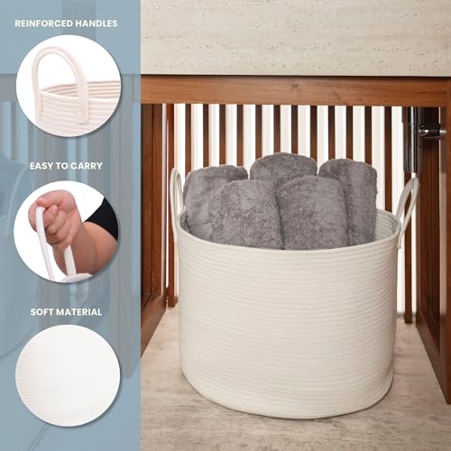 OrganiHaus Round Toy Basket & Blanket Basket, Cotton Rope 20x13" | Full Off-White - Round Cotton Rope Basket, 20x13" - color: Full Off-White, size: Wide