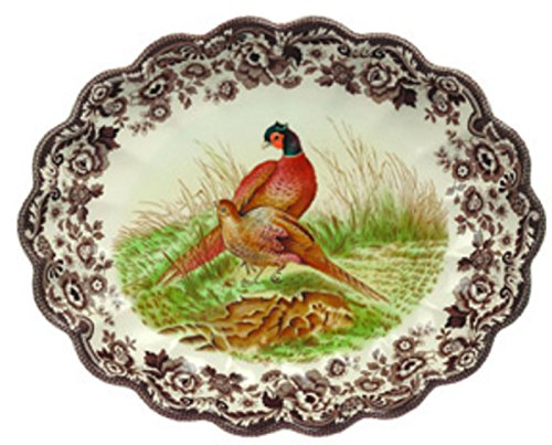 Spode Woodland Oval Fluted Serving Dish - Pheasant, Brown & White | 14.5" Durable Fine Porcelain Serving Platter, Elegant Dish for Roasts, Vegetables, Appetizers, Desserts & Everyday Dining
