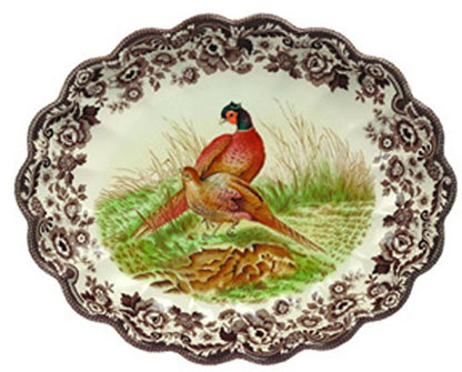 Spode Woodland Oval Fluted Serving Dish - Pheasant, Brown & White | 14.5" Durable Fine Porcelain Serving Platter, Elegant Dish for Roasts, Vegetables, Appetizers, Desserts & Everyday Dining